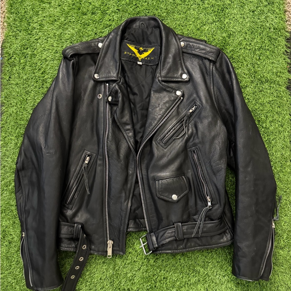 Vintage Phoenix Black Leather Jacket with Silver Zipper Details Size 42